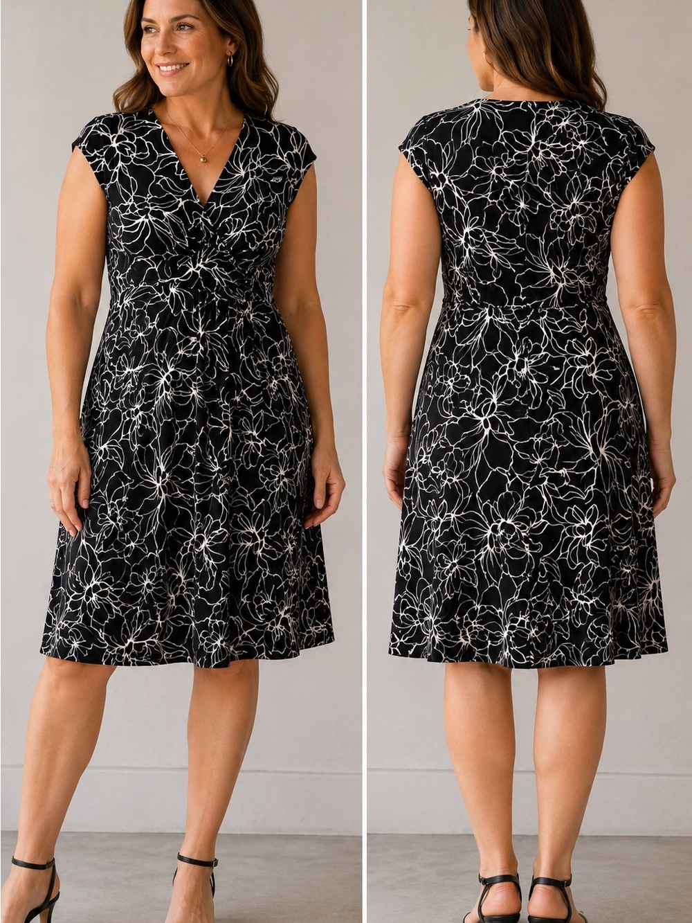 Jones & Co Black & White Fit & Flare Floral Faux Wrap Dress Size 10